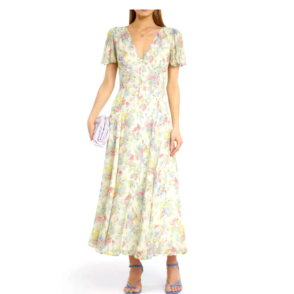 Polo Ralph Lauren Floral Garden Maxi Dress Button Front V Neck Flutter Sleeve S